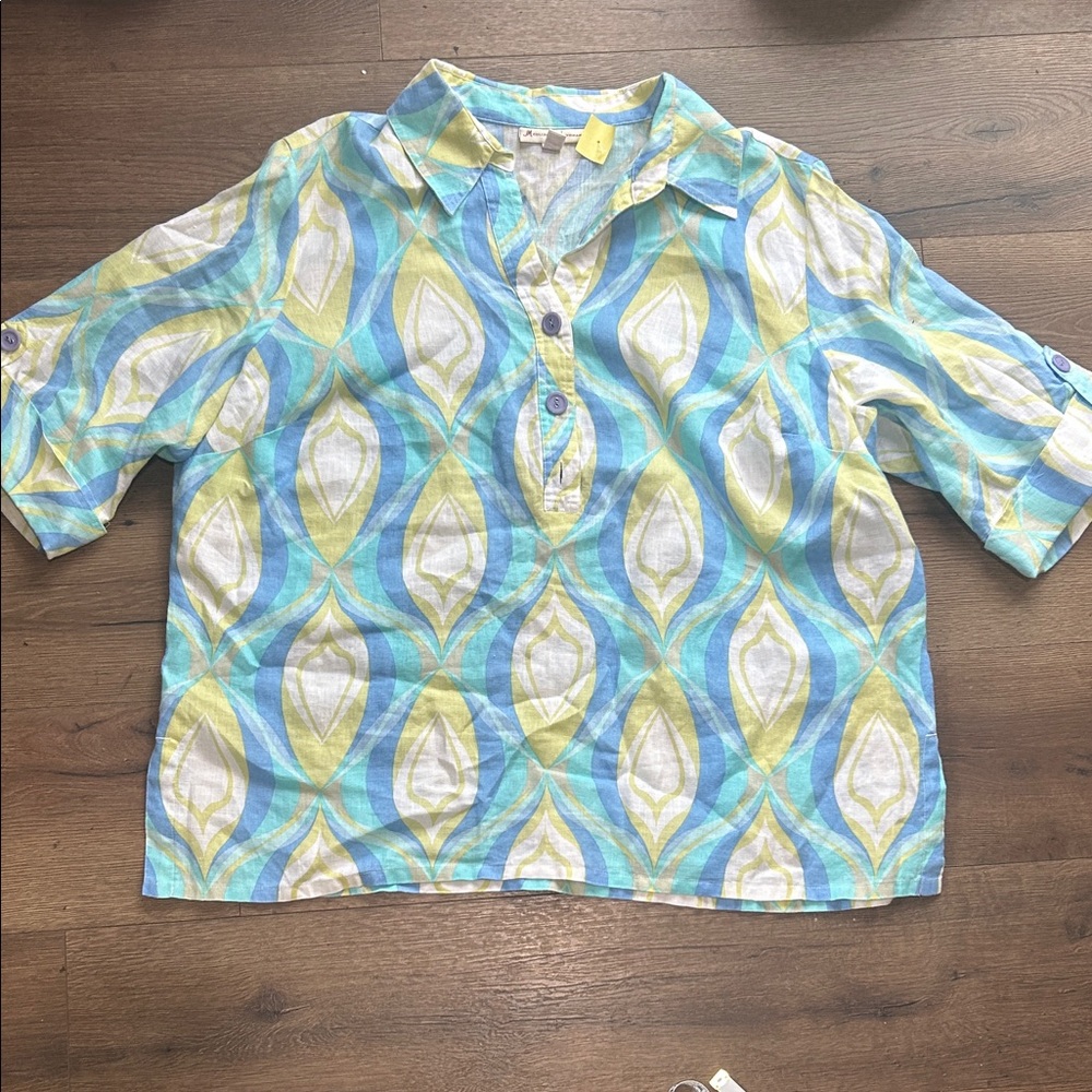 JM Collection Linen Aqua, Yellow & White Geometric Popover Blouse ! 20w